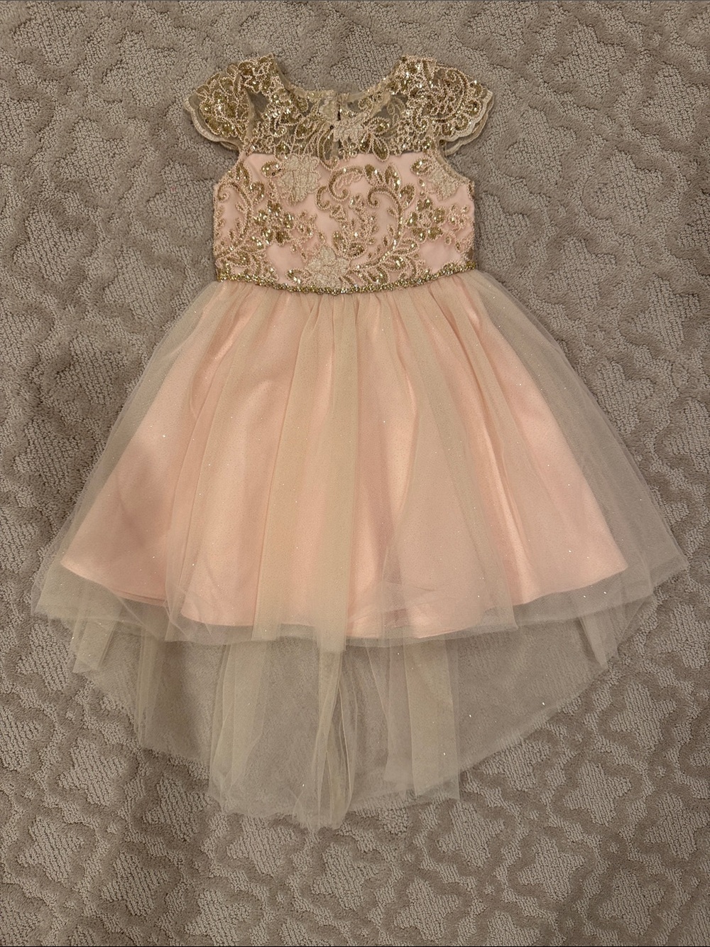 Rare Editions Pink and Gold Embellished Tulle High-Low Party Dress